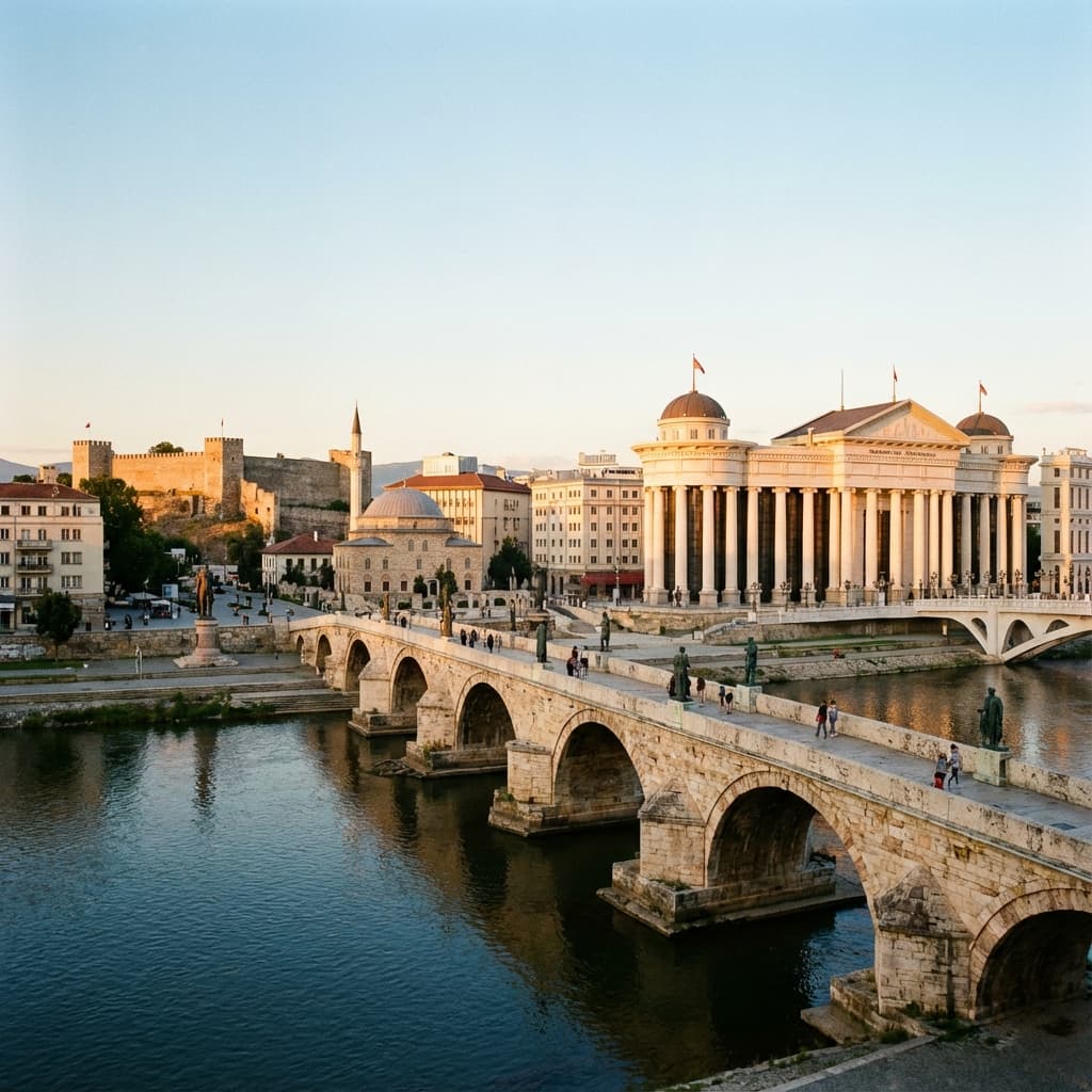 Skopje cityscape at golden hour