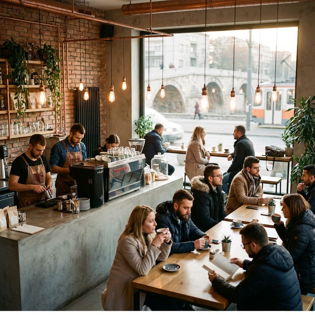 Busy coffee shop in Skopje